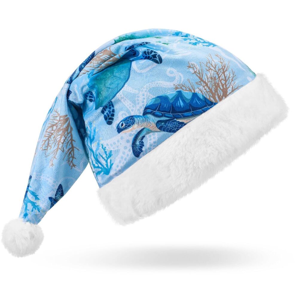 3591 Ocean Santa Hat Sea Turtle Christmas Hat Unisex Blue Santa Cap Coastal